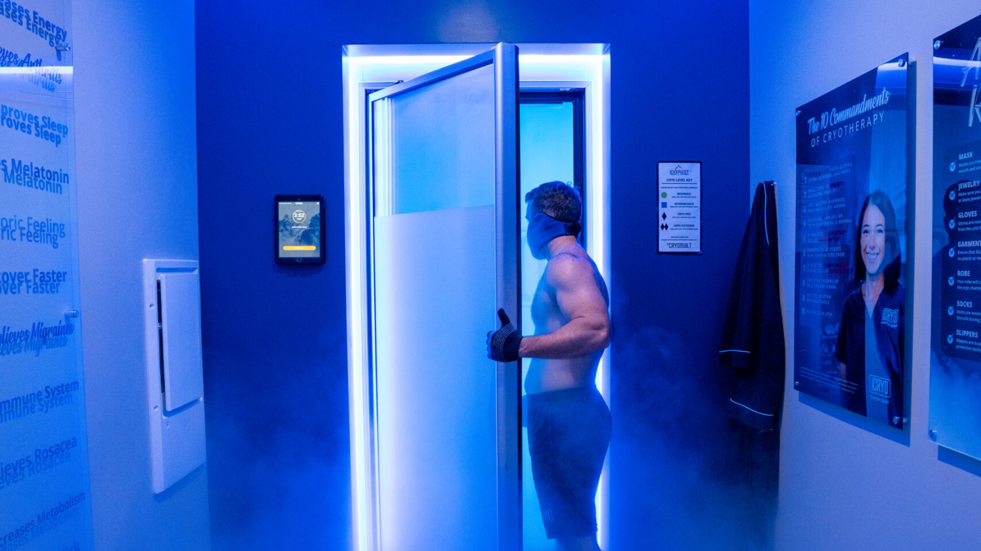 Person experiencing whole body cryotherapy session